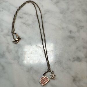 2005 CHANEL Necklace with Gold Tone Chain & Pink Enamel Charms